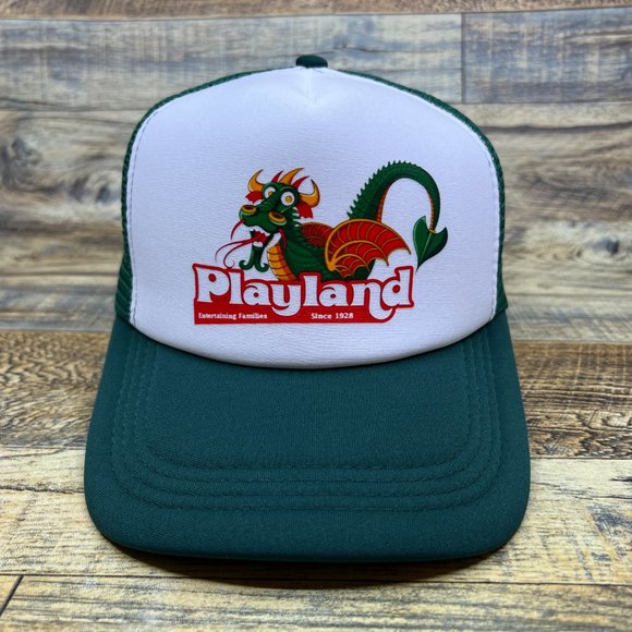 Playland Amusement Park Mens Trucker Hat Green Snapback Rye NY Vintage Logo Cap - Picture 2 of 8